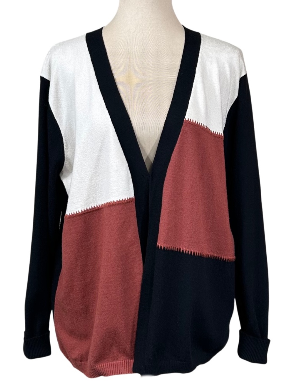 Aaeda Black White Rust Color Block Cardigan Sweater Size XL